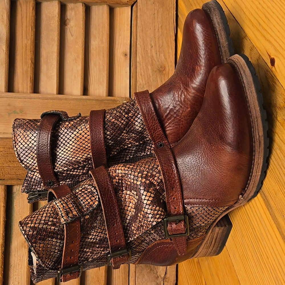 SALE!! FREEBIRD By Steven APEX Brown Leather & Snake Pattern Multi Mid Calf Boot